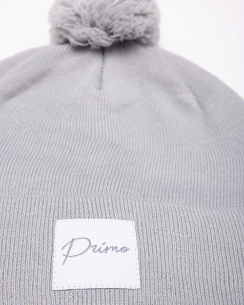 Light Gray Cursive Pom Pom Beanie