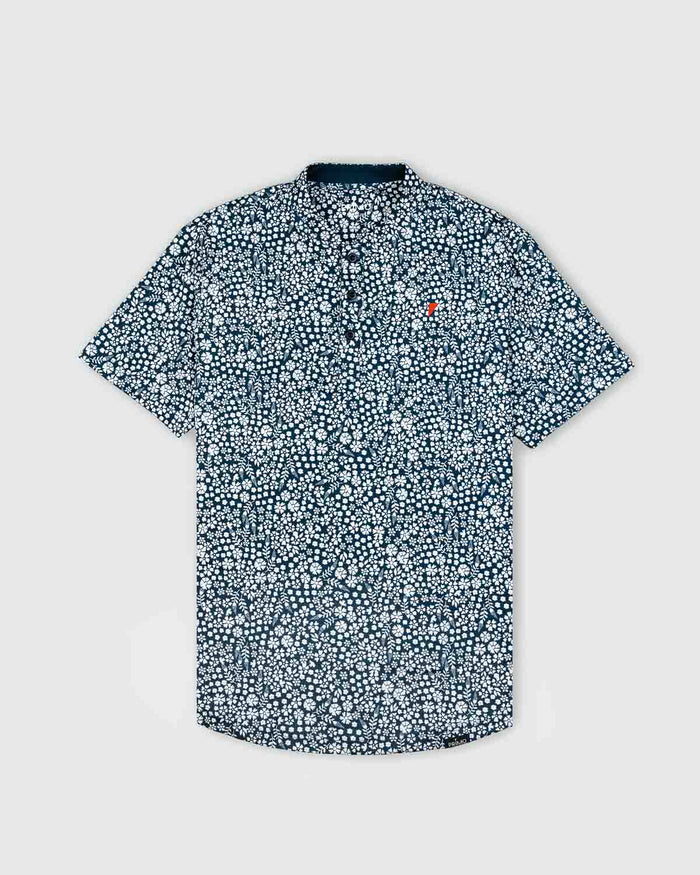 Navy Microfloral Blade Collar Polo