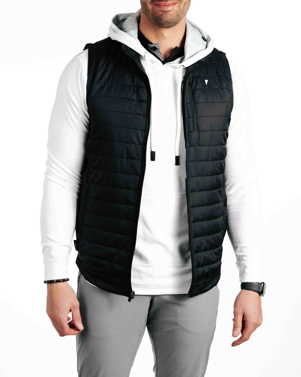 The Primo Golf Black Vest open with Hoodie