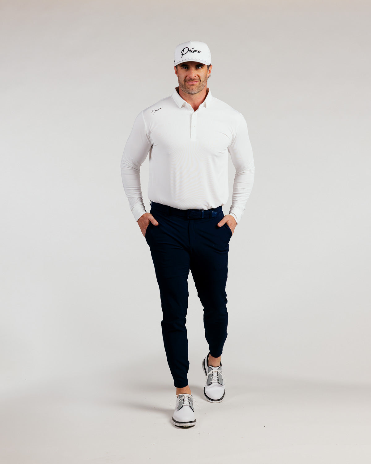 White Cursive Long Sleeve Classic Polo β Primo Golf Apparel