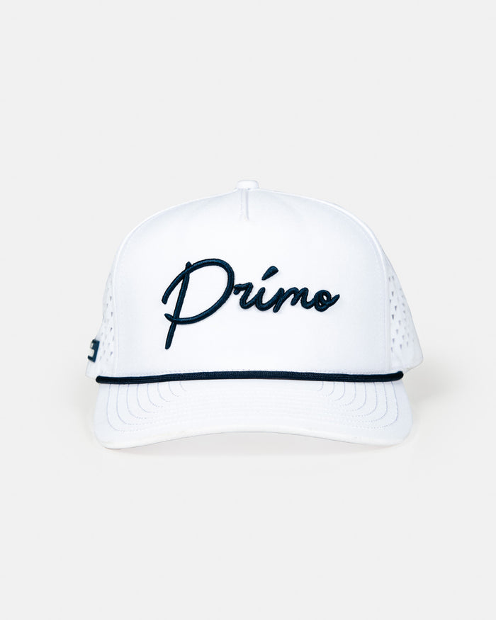 White Cursive Hat + Navy