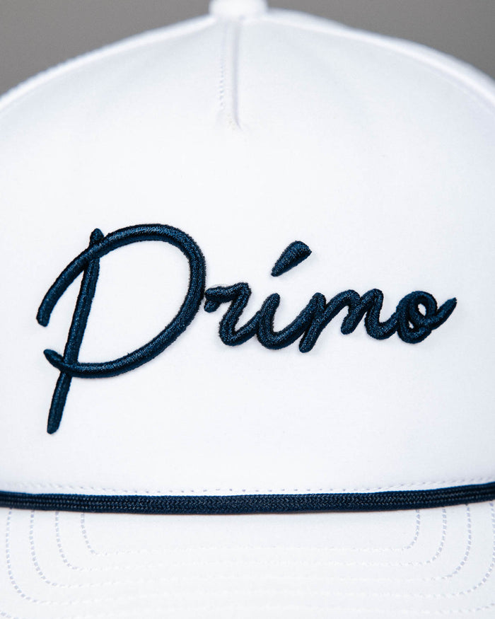 White Cursive Hat + Navy